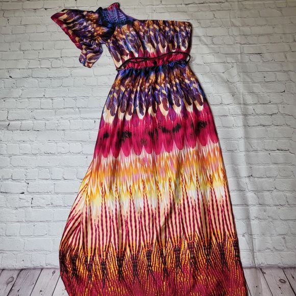 Bisou Bisou One-Shoulder Maxi Dress - Rainbow Feather Print - Size 4 - Picture 1 of 13